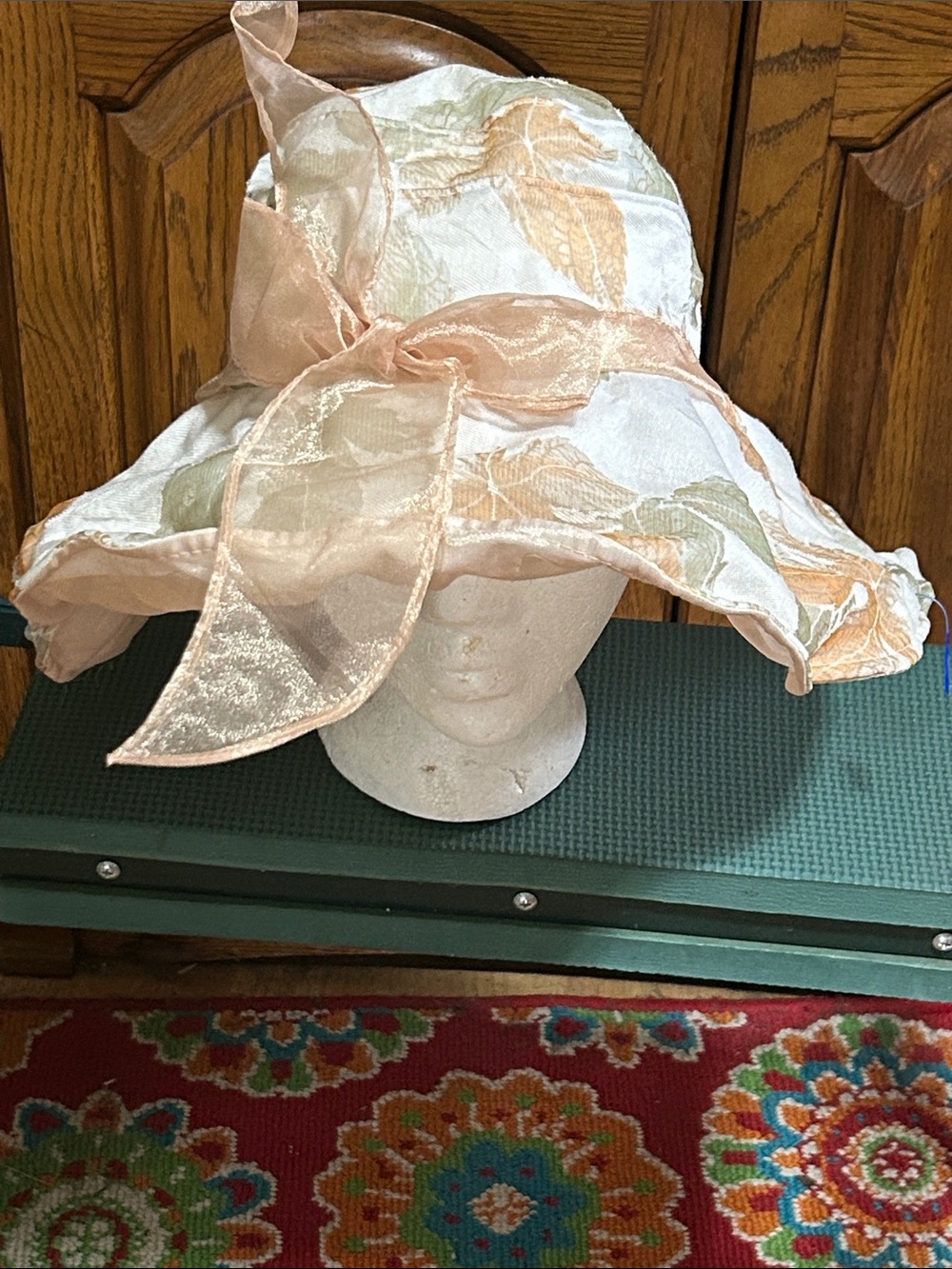 Wide Brim Floral Organza Sun Hat - Peach & Cream
